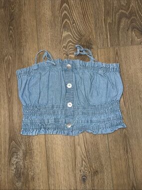 entro Light Blue Smocked Button-Front Crop Top with Tie Straps